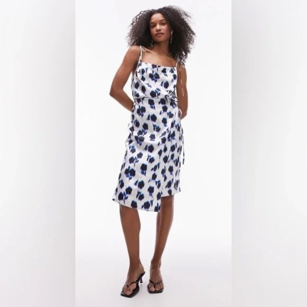 Topshop square neck wrap tie midi slip dress in blue floral - Picture 10 of 10